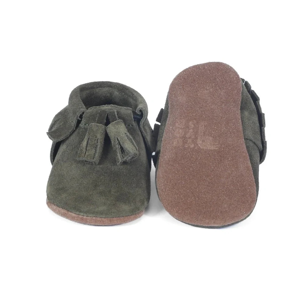Yoyo Junior Bootie Genuine Leather Suede in Khaki with Powder Puff Detail